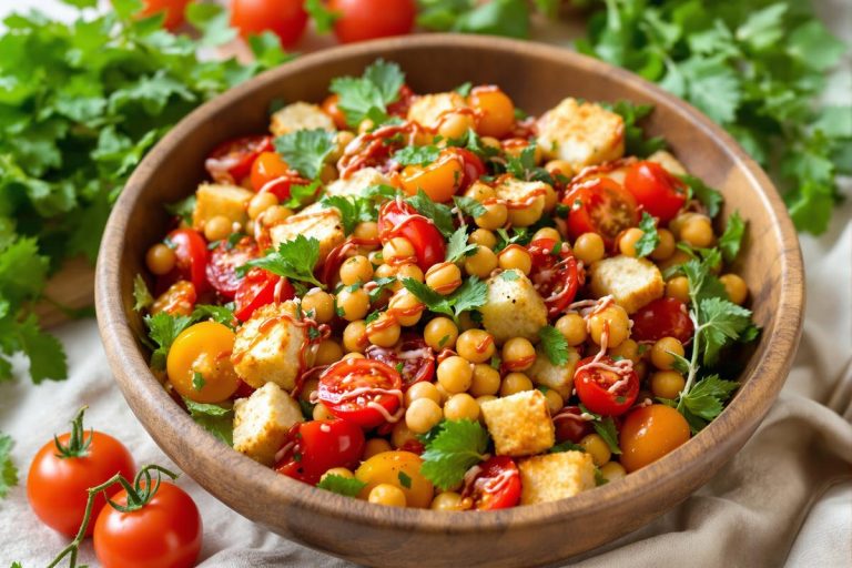 Salade de tomates aux pois chiches, harissa et croûtons.jpg